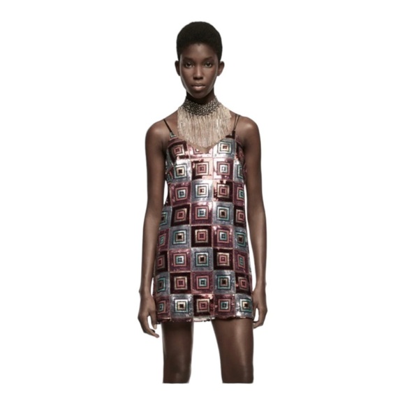 ZARA Blogger Favorite Geometric Print Sequin Mini Slip Dress Medium NEW Party - Picture 12 of 15